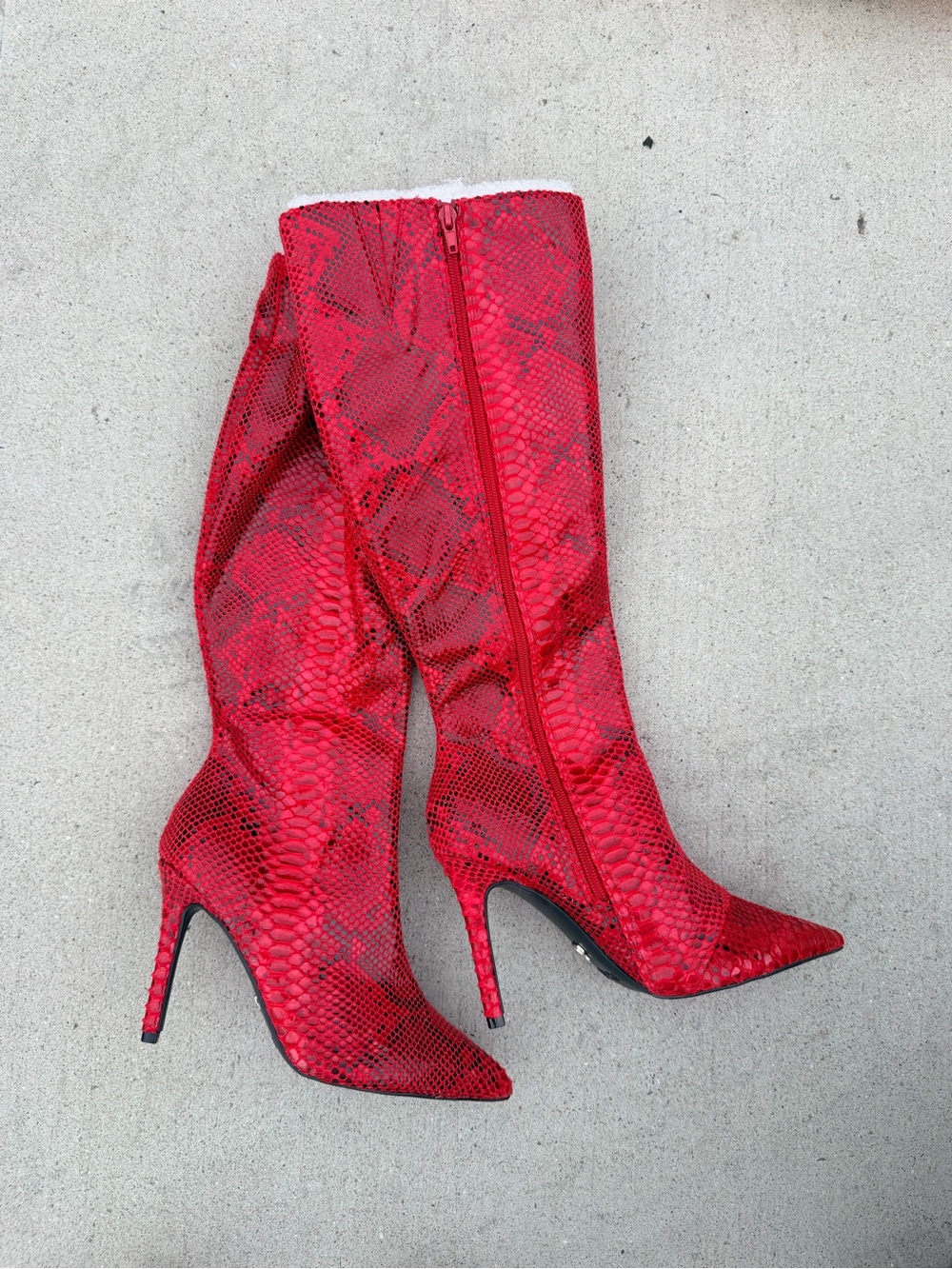 Red Snakeskin Pointed-Toe Knee Boots